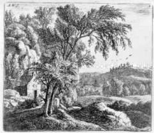Eremitage am Felsen (rechts Wanderer mit geschultertem Stock) - Nr. 2 einer Folge kleiner Landschaften, rechts oben numeriert