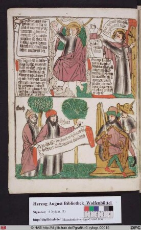 Oben: Ein Engel gibt Johannes ein Rohr, damit er den Tempel Gottes vermißt (Offenb. 11,1). Unten: Die beiden Zeugen (Offenb. 11,3).