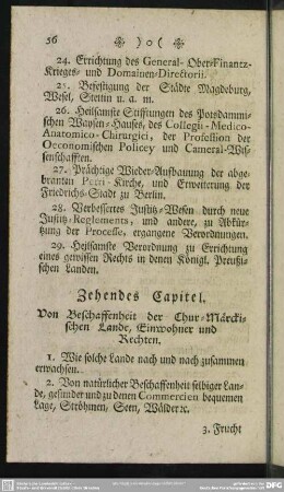 Zehendes Capitel. Von Beschaffenheit der Chur-Märckischen Lande, Einwohner und Rechten
