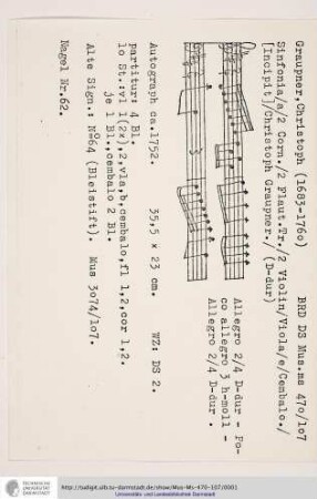 Sinfonia / a / 2 Corn. / 2 Flaut. Tr. / 2 Violin / Viola / e / Cembalo. / [Incipit] / Christoph Graupner.