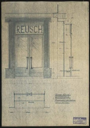 Stoffhaus Reusch, Berlin-Charlottenburg Ladenerweiterung: Ansicht und Schnitt Eingangstür des Ladens 1:10