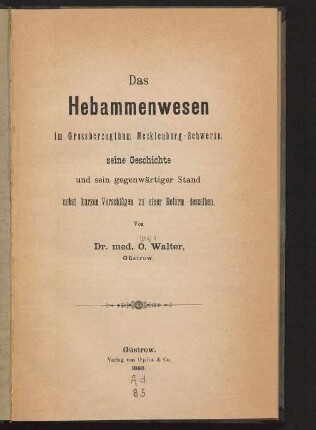Das Hebammenwesen im Grossherzogthum Mecklenburg-Schwerin : seine Geschichte und sein gegenwärtiger Stand nebst kurzen Vorschlägen zu einer Reform desselben
