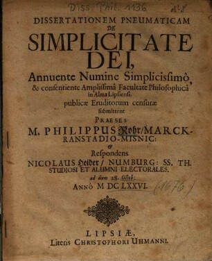 Dissertationem Pneumaticam De Simplicitate Dei