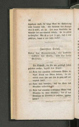 Zwölfter Brief. Ueber den Gottesdienst, die Unsterblichkeit der Seele, und die freye Willkühr.
