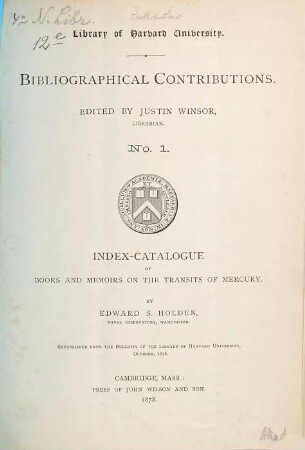 Index-Catalogue of books and memoirs on the transit of mercury