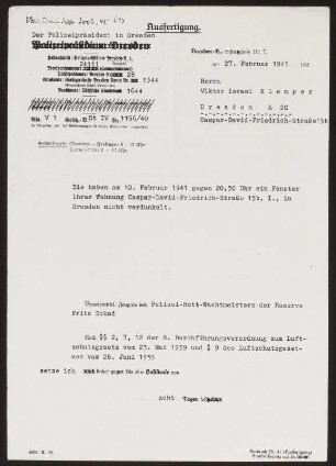 Schreiben des Polizeipräsidiums Dresden an Prof. Victor Klemper(er) vom 27.02.1941 betr. Festlegung einer Haftstrafe. Vorderseite