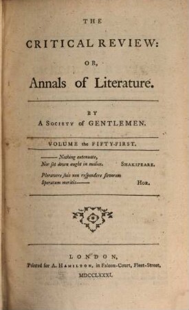 The critical review, or annals of literature. 51. 1781