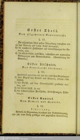 Erster Theil. Vom allgemeinen Gewerbsrecht