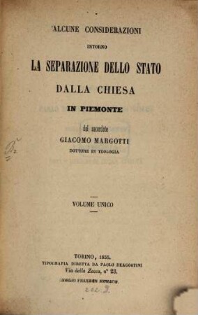 Alcune considerazioni intorno la separazione dello stato dalla chiesa in Piemonte