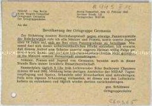 Rundschreiben der NSDAP an die Bevölkerung Berlins, Ortsgruppe Germania, zur Beteiligung am Bau von Panzergräben