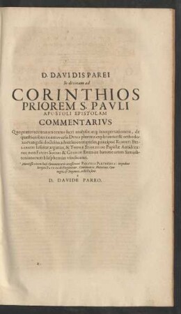 D. Davidis Parei In divinam ad Corinthios Priorem S. Pauli Apostoli Epistolam Commentarius