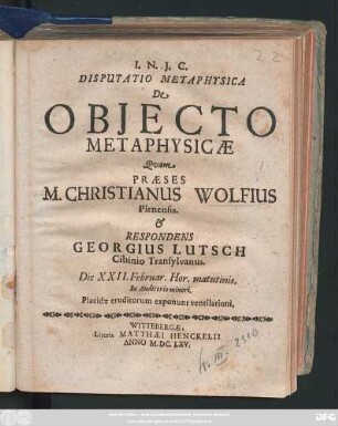 Disputatio Metaphysica De Obiecto Metaphysicae