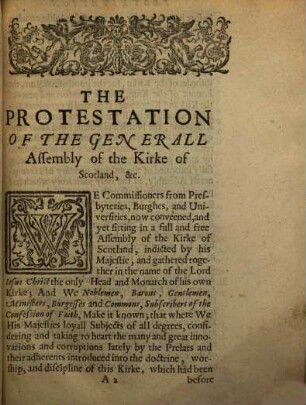 The Protestation of the generall assembly of the kirke of Scotland, and of the Noblemen, ... subscribers of the Covenant ... : Edinburgh, 1638