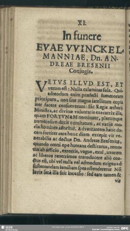 XI. In funere Evae Winckelmanniae, Dn. Andreae Bresenii Coniugis