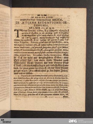 Disputatio Theologiae Biblicae, De Aeterna Redemtionis Oeconomia.