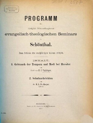 Programm des Königlich Württembergischen Evangelisch-Theologischen Seminars in Schöntal : zum Schluss des zweijährigen Kurses ... 1878/80