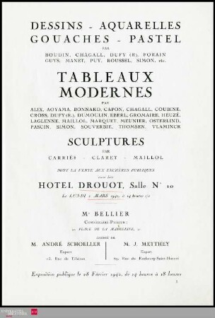 Dessins, aquarelles, gouaches, pastels : par Boudin, Chagall, Dufy (R.), Forain [und weitere] : tableaux modernes : par Alix, Aoyama, Bonnard, Capon, Chagall, Coubine [und weitere] : sculptures par Carriè8, Claret, Maillol : dont la vente aux enchères publiques aura lieu Hôtel Drouot, Salle No 10, le lundi 2 mars 1942