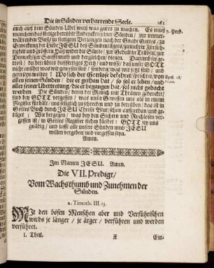 Die VII. Predigt/ Vom Wachsthumb und Zunehmen der Sünden.