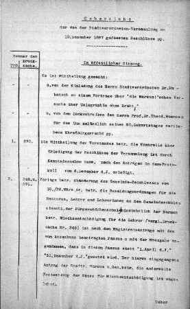 Uebersicht der von der Stadtverordneten-Versammlung am 15. Dezember 1897 gefassten Beschlüsse., 15. Dezember 1897