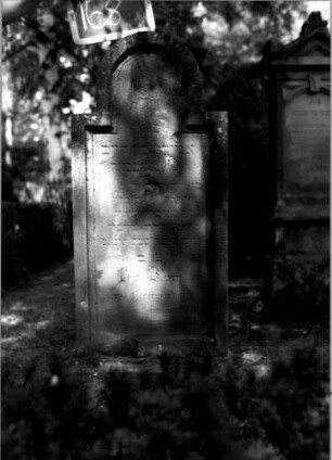 Grabstein 168 (Index: 100109731) Material: Sandstein Zustand: beschädigt mit Textverlust Maße HxBxT: 126x48x21 cm Beschreibung: Stele, profilierter Sockel, eingezogener langgestreckter Rundbogenabschluß, Schriftfeld eingetieft: Grabstein 168