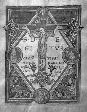 Sakramentar — Kreuzigungsszene mit der Hand Gottes, Folio 12recto
