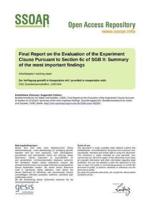 Final Report on the Evaluation of the Experiment Clause Pursuant to Section 6c of SGB II: Summary of the most important findings