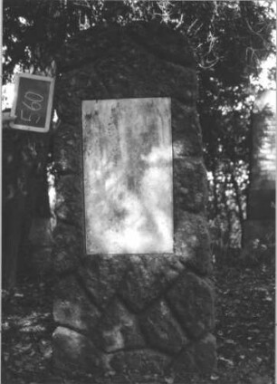 Grabstein 560 (Index: 100111496) Material: Granit, weiße Marmorplatte Zustand: gut; Schriftplatte ohne Inschrift Maße HxBxT: 163x64x32 cm Beschreibung: Stele, rustica, Segmentbogenabschluß, rechteckige Schriftplatte: Grabstein 560