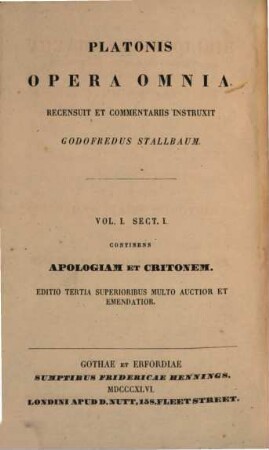 Platonis Opera omnia, Vol. 1, Sect. 1. Apologia et Crito