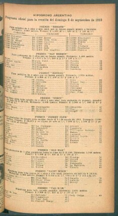 Hipódromo Argentino - Programa oficial para la reunión del domingo 8 de septiembre de 1912
