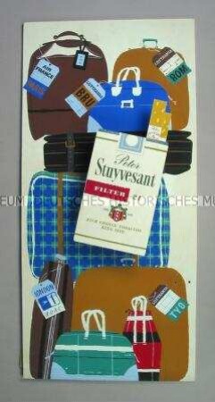 Werbeaufsteller mit Werbeaufdruck für "Peter Stuyvesant"-Zigaretten (Motiv: Reisekoffer)
