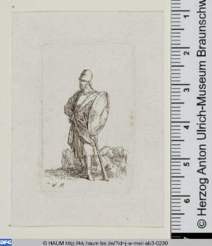 Mann mit Knüppel und Schild vor zwei am Boden Liegenden