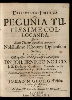 Dissertatio Iuridica De Pecunia Tutissime Collocanda