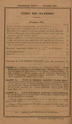 Table des matières. Février 1885.