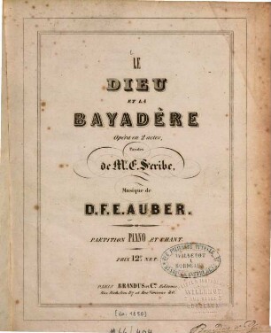 Le dieu et la bayadère : opéra en 2 actes ; paroles d'E. Scribe
