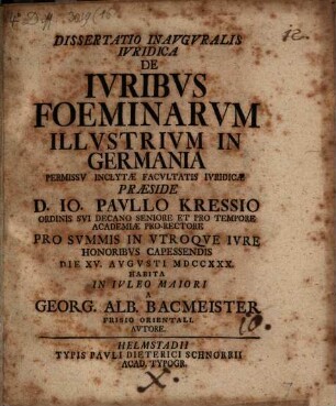 Dissertatio inavgvralis ivridica de ivribvs foeminarvm illvstrivm in Germania