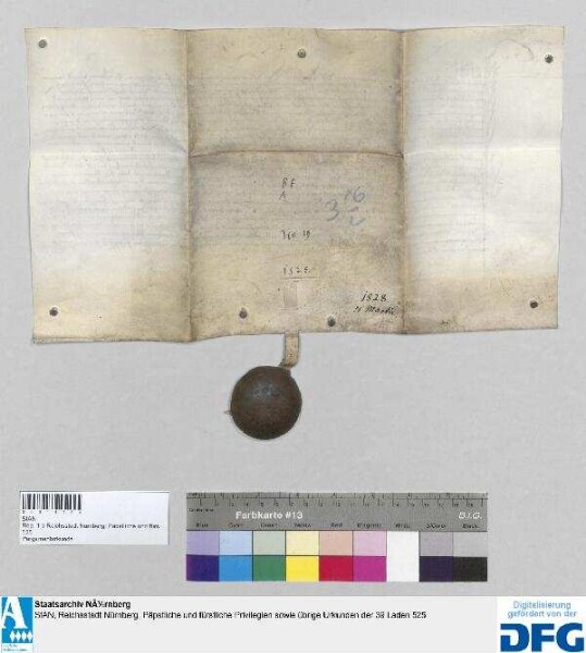 Hanns Pflug, Herr vom Rabenstayn auf Bettschaw, deutscher Lehenshauptmann der böhmischen Krone, belehnt Leonhard Stockhaymer, Bürger zu Nürnberg, als Lehenträger der Stadt Nürnberg, mit ihren Lehenstücken und Gütern in vorlehensweise nach Inhalt ihrer früheren Lehensbriefe, doch unter Vorbehalt der Ausbringung eines königlichen Lehensbriefes innerhalb eines halben Jahres. - Siegler: der Aussteller.