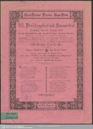 III. Preiskegelfest und Sommerfest Sonntag, den 26. August 1888