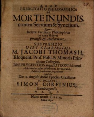 Exercitatio Philosophica De Morte In Undis, contra Servium & Synesium
