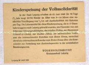 Handzettel der Volkssolidarität zur Sicherung der Kinderspeisung durch Spenden ausländischer Hilfsorganisationen