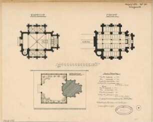 Erbbegräbnis, Langhelwigsdorf Monatskonkurrenz August 1884: Lageplan 1:300,Grundriss Keller, Erdgeschoss 1:150; 2 Maßstabsleisten, Kostenrechnung