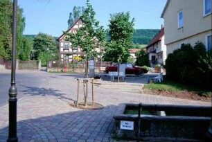 neugestalteter Dorfplatz mit Brunnen, neuen Bäumen, hinten Schillerhaus