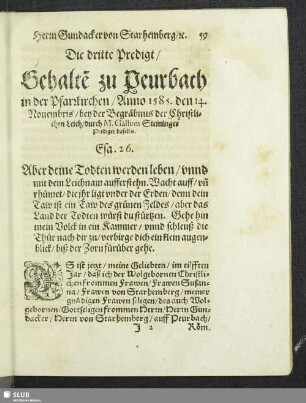 Die dritte Predigt, Gehalte[n] zu Peurbach in der Pfarrkirchen ... bey der Begräbnus ...