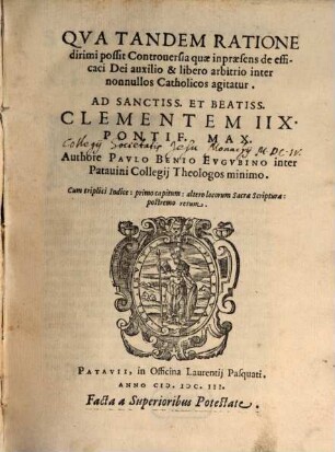 De controversia, quae de efficaci Dei auxilio ... inter nonnullos Catholicos agitatur