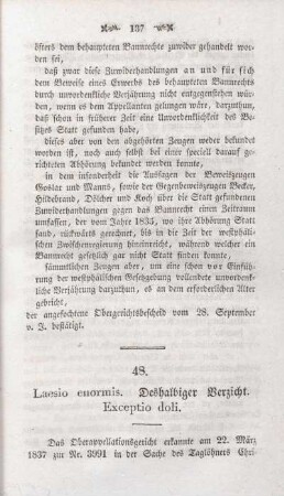 48. Laesio enormis. Deshalbiger Verzicht. Exceptio doli.