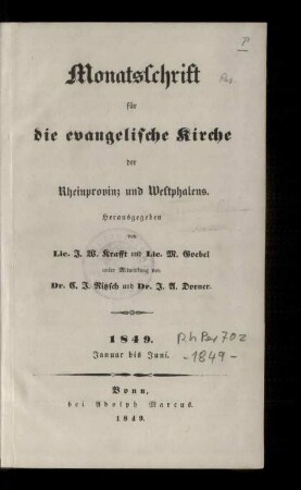 Monatsschrift für die evangelische Kirche der Rheinprovinz und Westphalens/1849