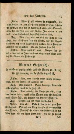 Viertes Gespräch, in welchem gezeigt wird, daß die Sonne wirklich ein Fixstern sey, ob sie gleich so groß ist
