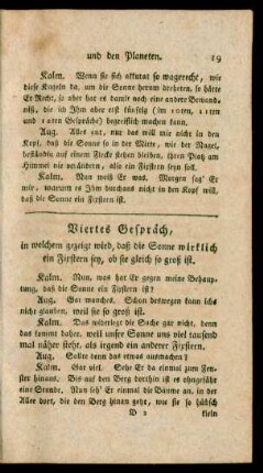 Viertes Gespräch, in welchem gezeigt wird, daß die Sonne wirklich ein Fixstern sey, ob sie gleich so groß ist