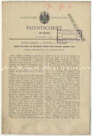 Patentschrift eines Apparates zum Heben von Flüssigkeiten mittels direkt wirkender explosiver Gase, Patent-Nr. 32895