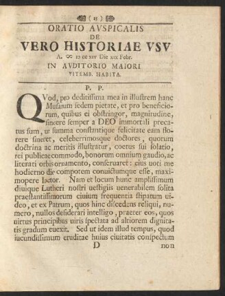 Oratio Auspicalis De Vero Historiae Usu A. M D CC XIV Die XIX Febr. In Auditorio Maiori Vitemb. Habita