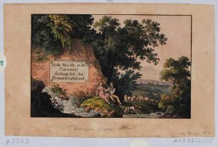 Stammbuch- oder Freundschaftsblatt mit bukolischer Szene (Paar mit Schafherde an einem Bach) und Spruchplatte auf einem Felsen, im Hintergrund die Stadtsilhouette von Dresden